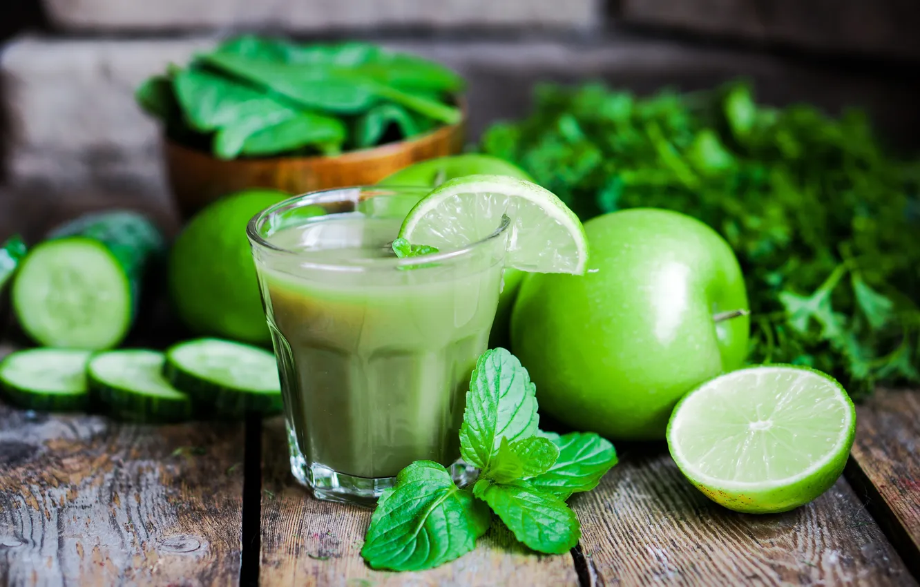 Фото обои зелень, яблоко, сок, лайм, огурцы, lime, cucumber, parsley