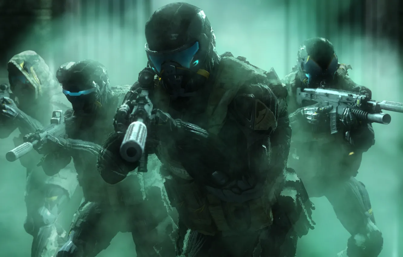 Фото обои рендеринг, оружие, солдаты, шлем, crysis, отряд, nanosuit, Crytek