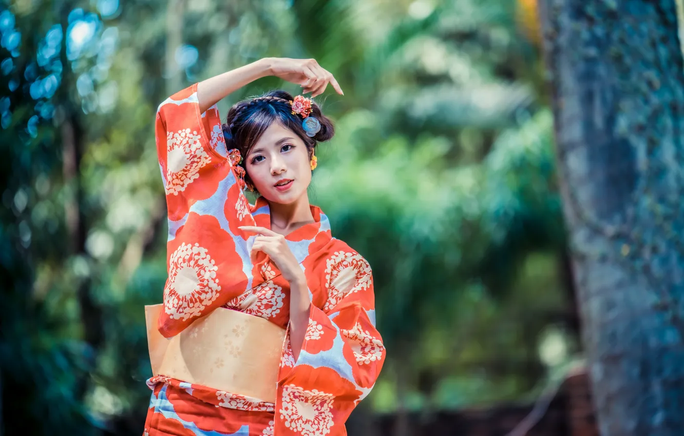 Фото обои взгляд, девушка, кимоно, азиатка