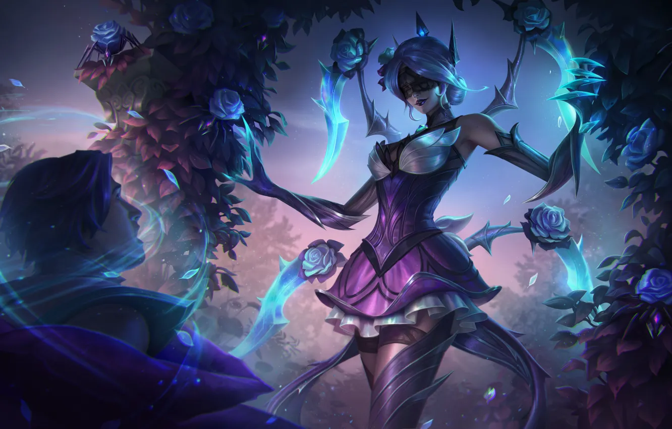 Фото обои Девушка, Роза, Платье, Маска, Чулки, Арт, Splash, League of Legends