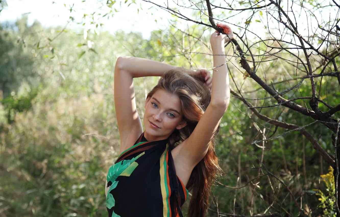 Фото обои Girl, Cool, panties, legs, brown hair, nature, sexy girl, eyes