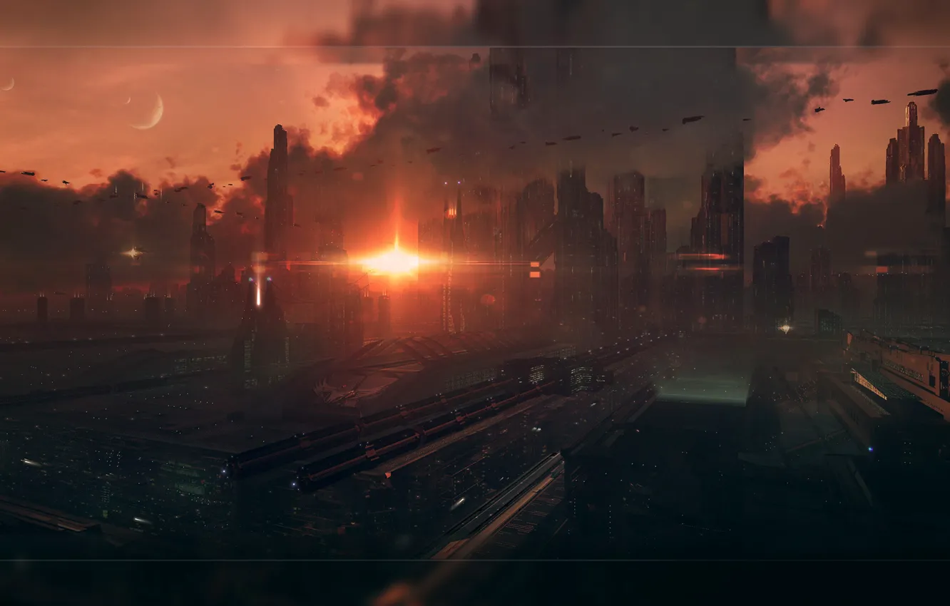 Фото обои солнце, закат, корабли, небоскребы, доки, смог, фантастический вид, город будущего