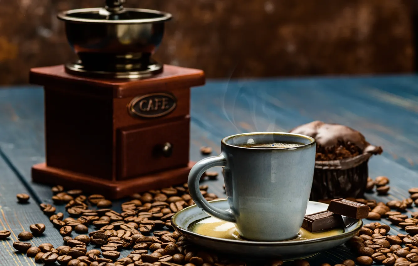 Фото обои кофе, шоколад, зерна, чашка, аромат, кофейные, кекс, кофемолка