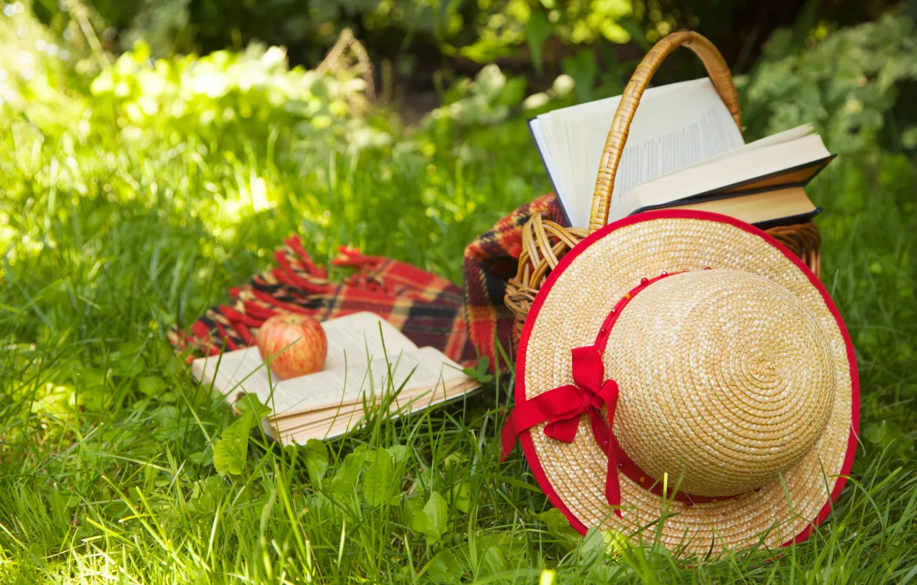 Фото обои лето, трава, природа, корзина, книги, яблоко, шляпа, шляпка