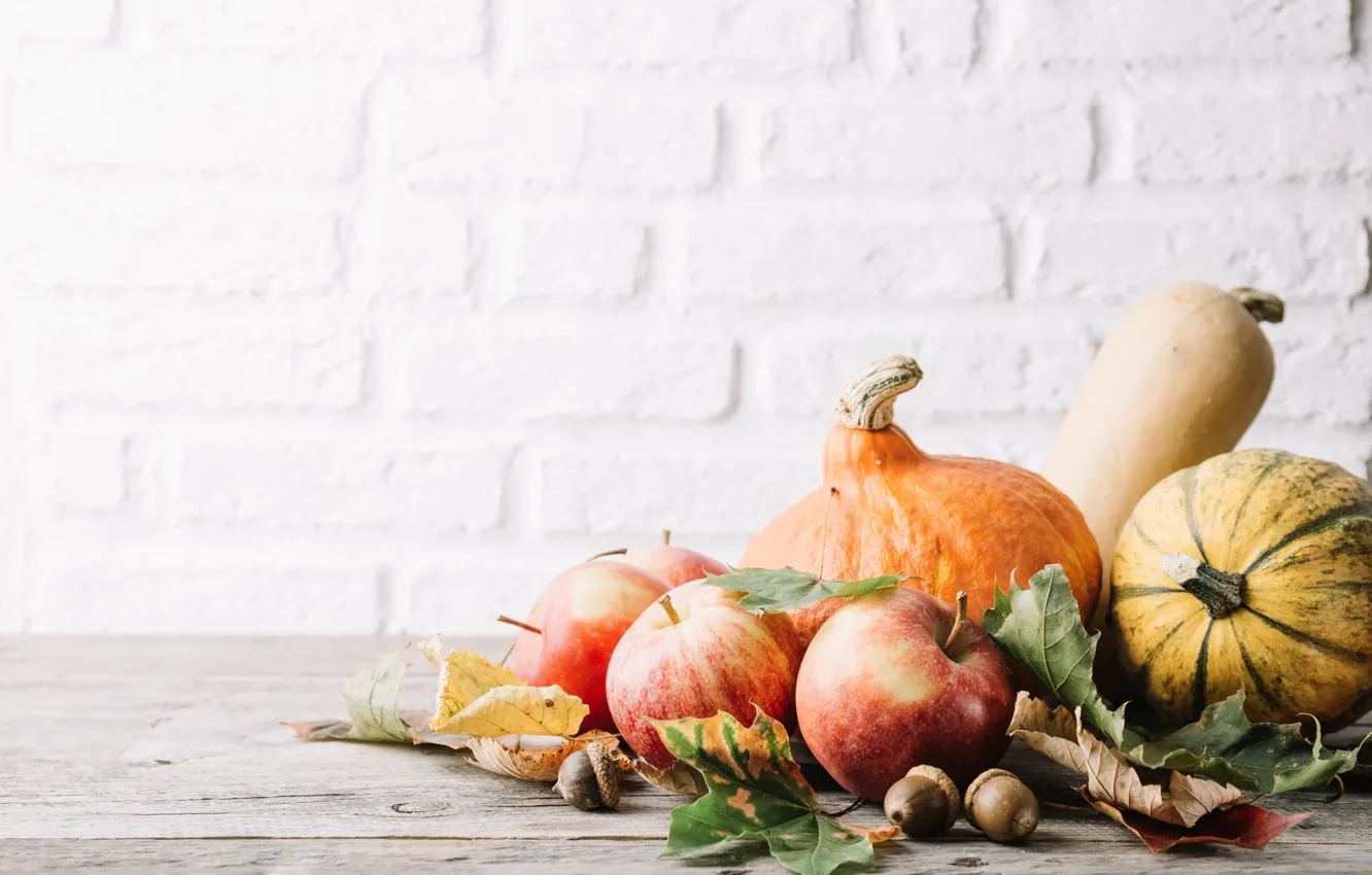 Фото обои осень, листья, яблоко, плоды, тыква