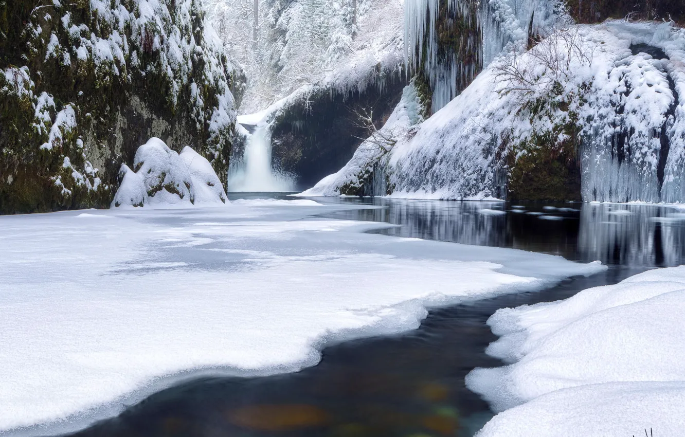 Фото обои зима, лес, снег, река, водопад