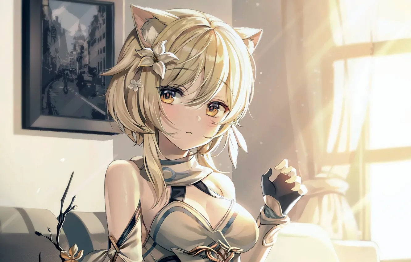 Фото обои girl, sexy, cleavage, blouse, boobs, animal ears, anime, beautiful