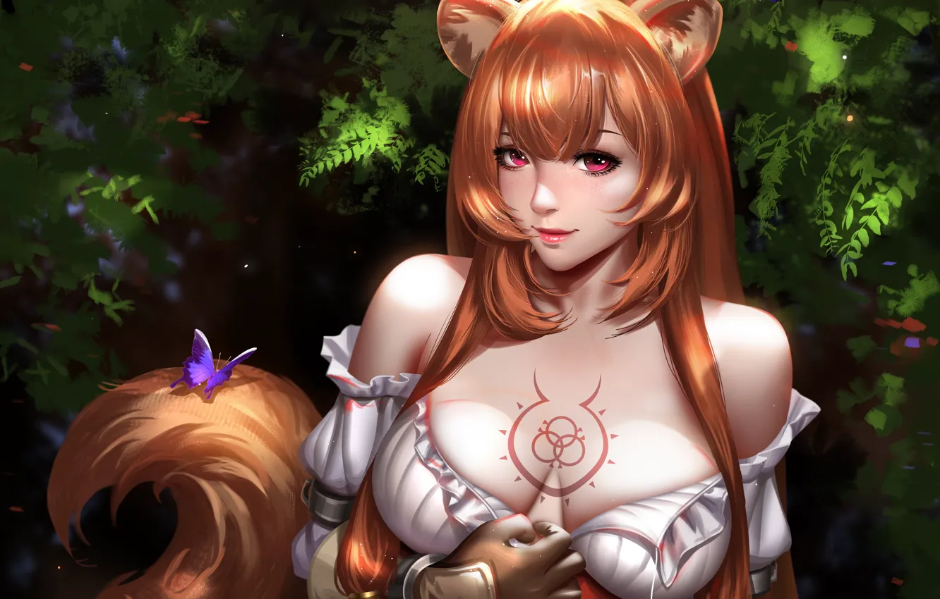 Фото обои girl, sexy, cleavage, blouse, long hair, nature, boobs, anime