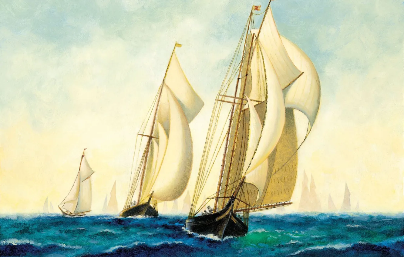 Фото обои море, корабли, арт, флот, painting, эскадра, парусников.