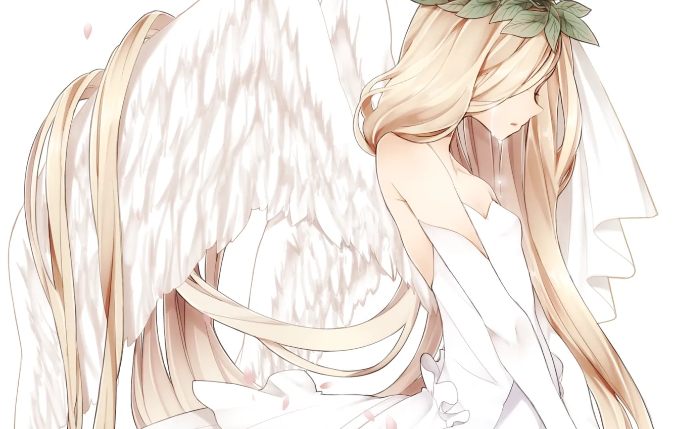 Фото обои листья, девушка, крылья, ангел, аниме, лепестки, сакура, слезы