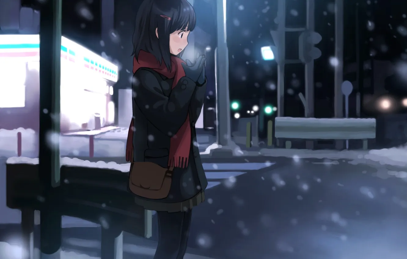 Фото обои зима, дорога, девушка, снег, город, аниме, шарф, арт