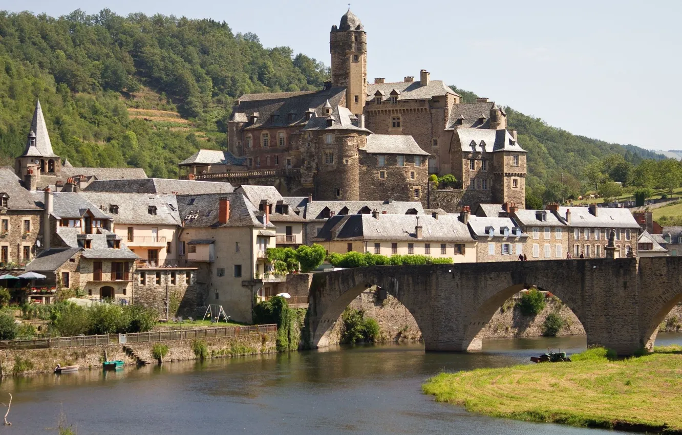 Фото обои мост, город, река, Франция, средневековая архитектура, Château D'estaing en Aveyron