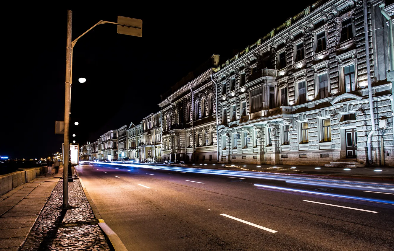 Фото обои ночь, подсветка, фонари, Санкт-Петербург, набережная, огни города, Saint Petersburg