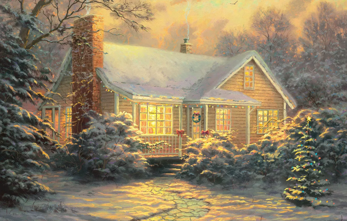 Фото обои зима, снег, украшения, огни, новый год, картина, вечер, ёлка