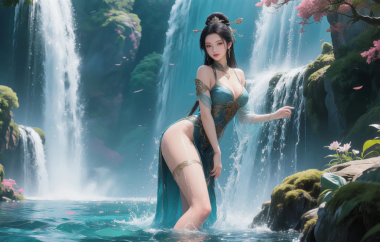 Фото обои girl, sexy, waterfall, asian, ai art