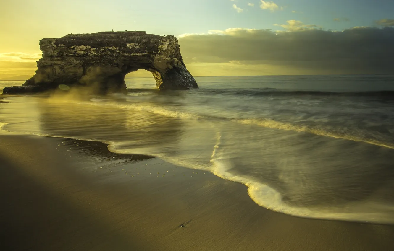 Фото обои пляж, скала, океан, рассвет, побережье, арка