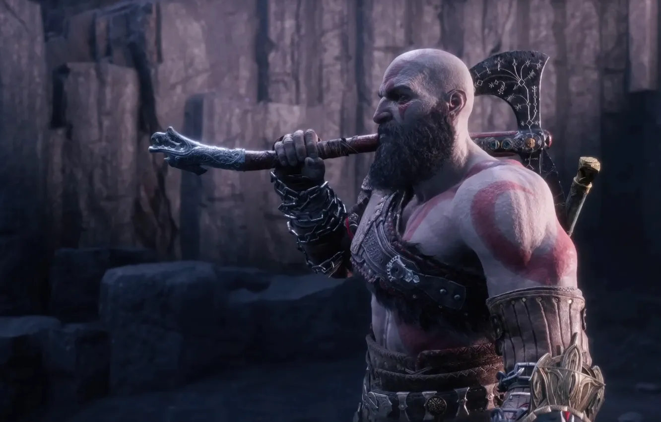Фото обои god of war, weapon, kratos, sony, snow, man, boy, blade