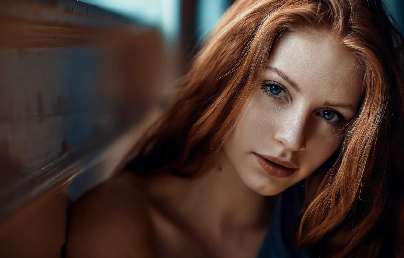 Фото обои girl, Model, long hair, photo, blue eyes, bokeh, face, redhead