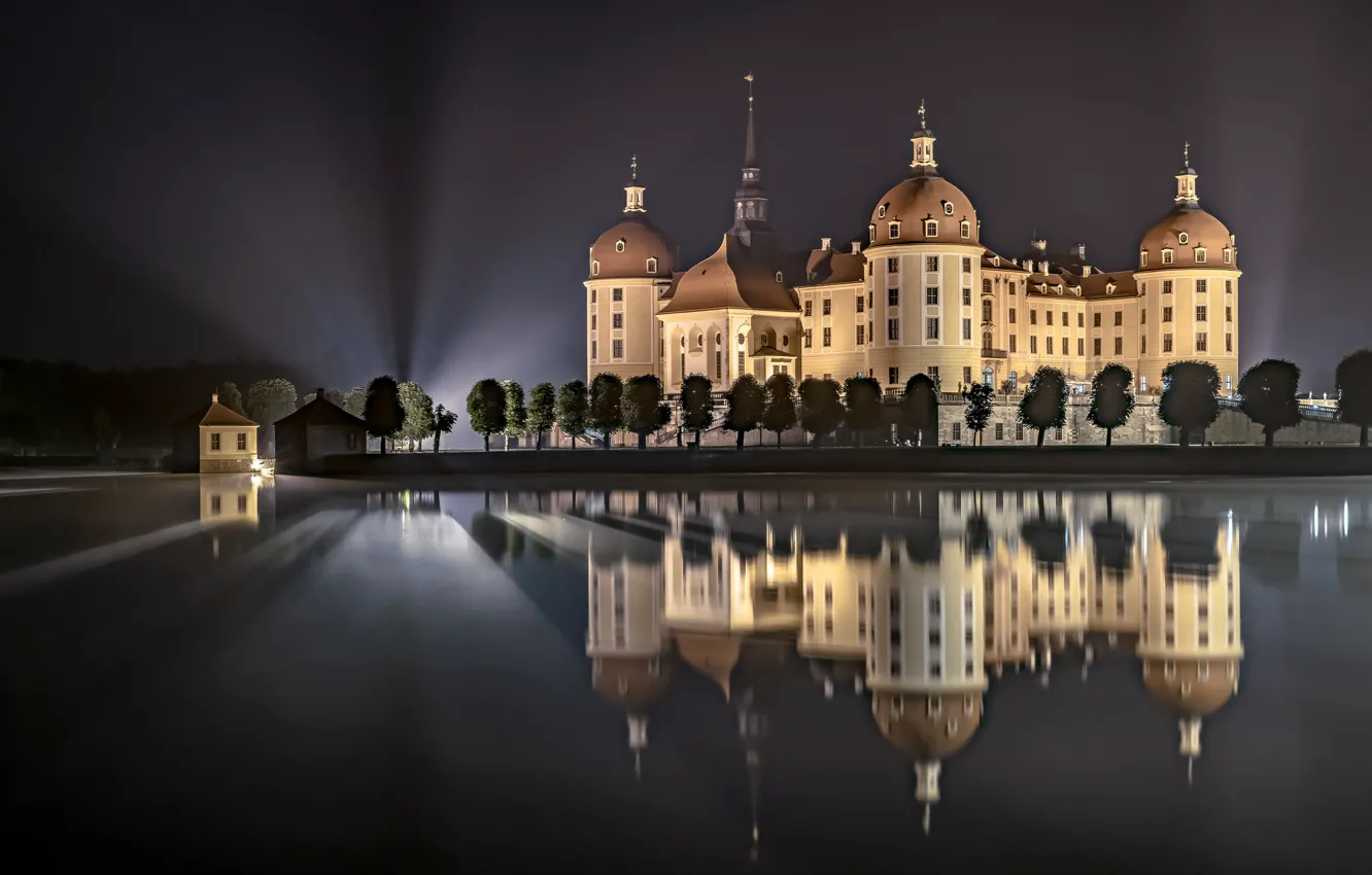 Фото обои ночь, огни, отражение, замок, Германия, Морицбург