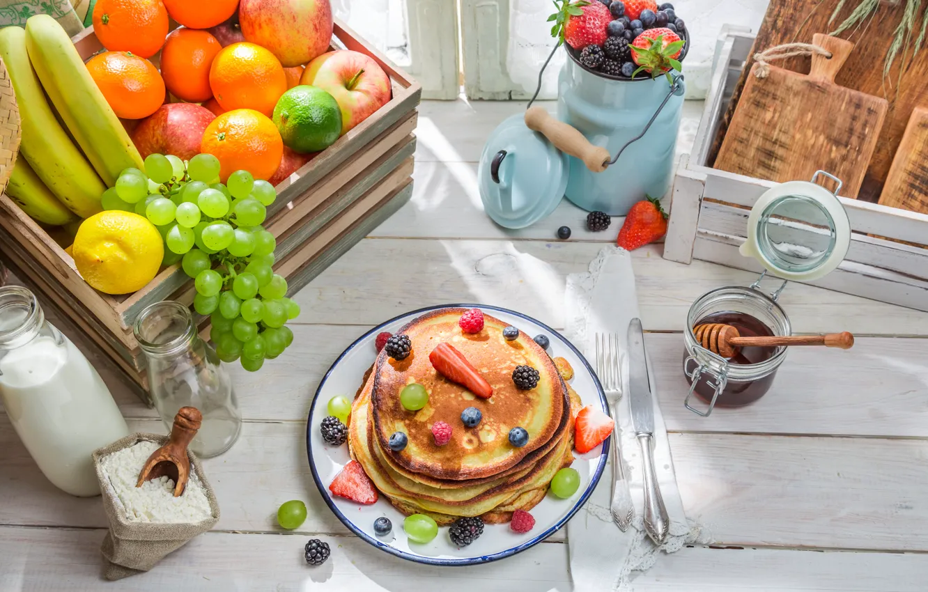 Фото обои ягоды, фрукты, блины, выпечка, fruit, berries, breakfast, pancakes