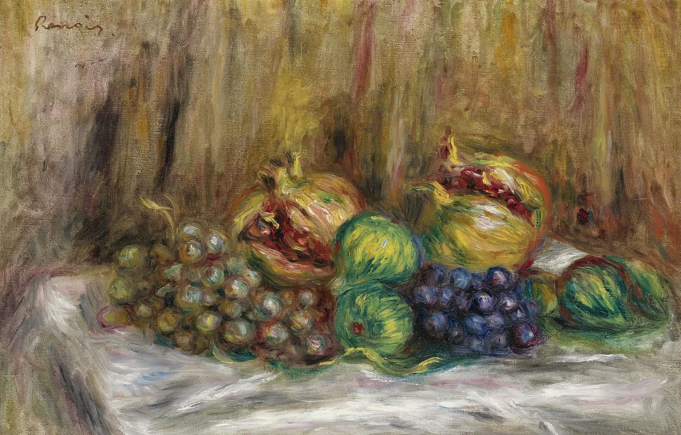Фото обои еда, картина, фрукты, Пьер Огюст Ренуар, Pierre Auguste Renoir, Натюрморт с Гранатами Инжиром и Виноградом