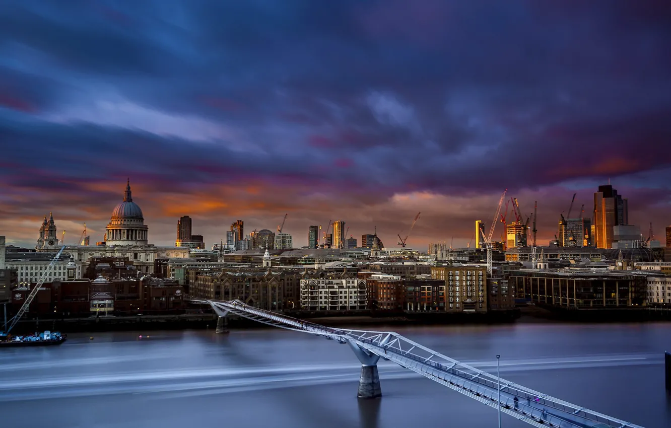 Фото обои Sunset, London, Millennium Bridge, St Paul's Cathedral, River Thames