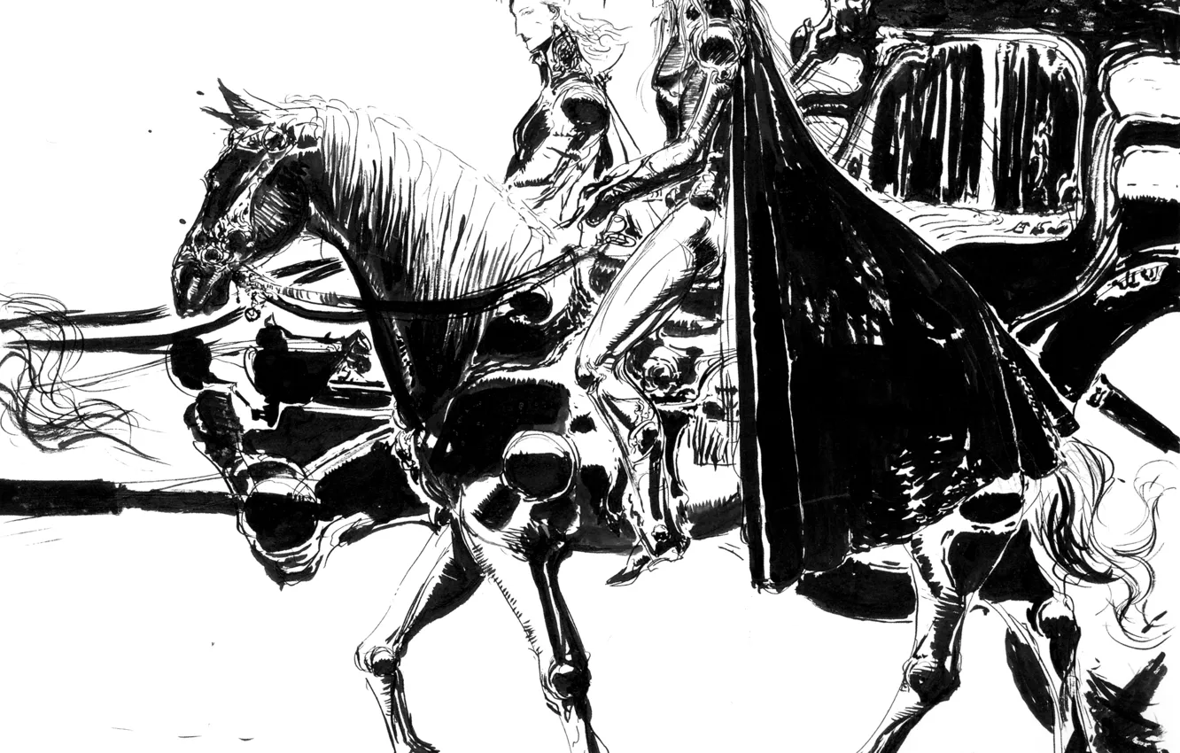 Фото обои лошадь, графика, меч, шляпа, чёрно-белая, всадник, карета, плащ