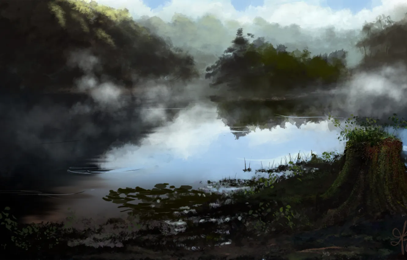 Фото обои деревья, туман, озеро, пруд, пень, растения, утро, арт