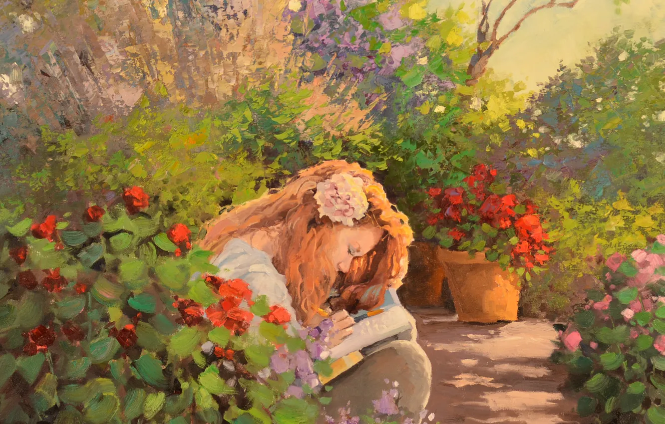 Фото обои девушка, цветы, природа, арт, книга, профиль, живопись, пишет