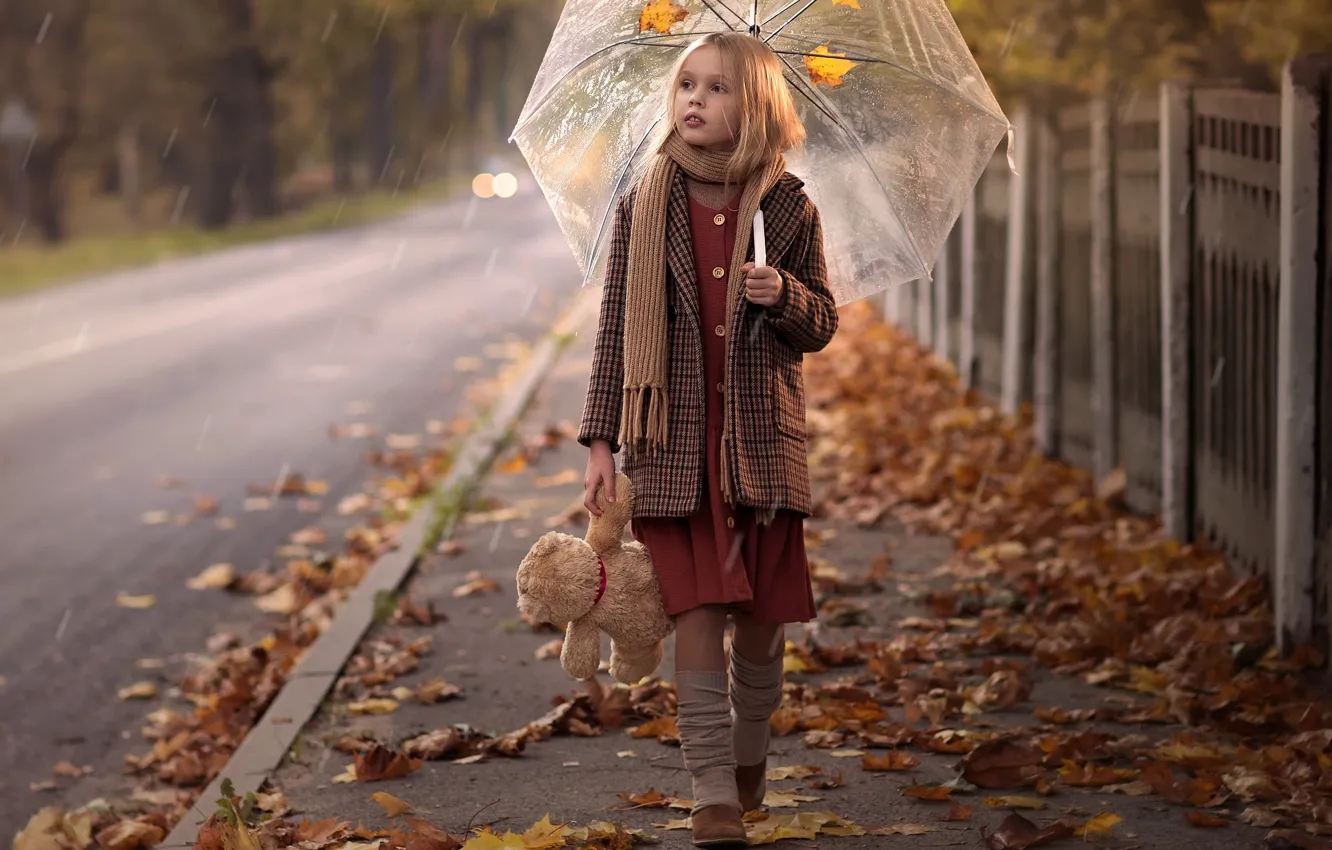 Фото обои осень, зонт, девочка
