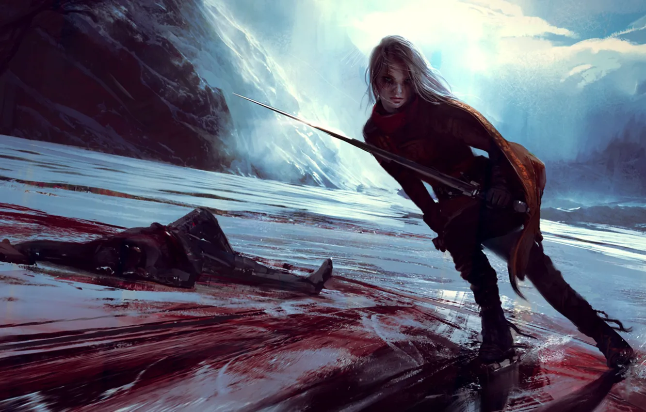 Фото обои лед, девушка, горы, скалы, кровь, меч, коньки