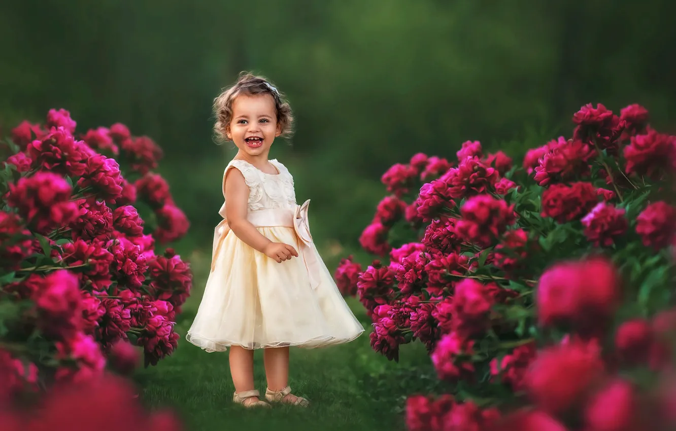 Фото обои радость, цветы, природа, розы, смех, платье, девочка, малышка