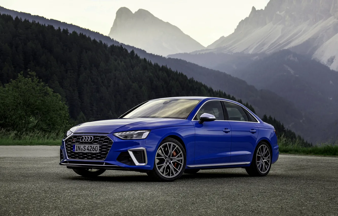 Фото обои синий, Audi, седан, Audi A4, Audi S4, 2019, силуэты гор