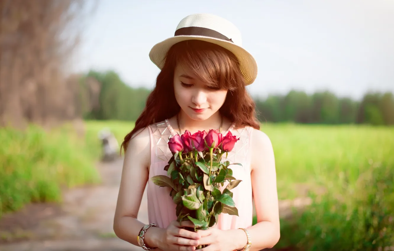 Фото обои лето, девушка, розы, азиатка