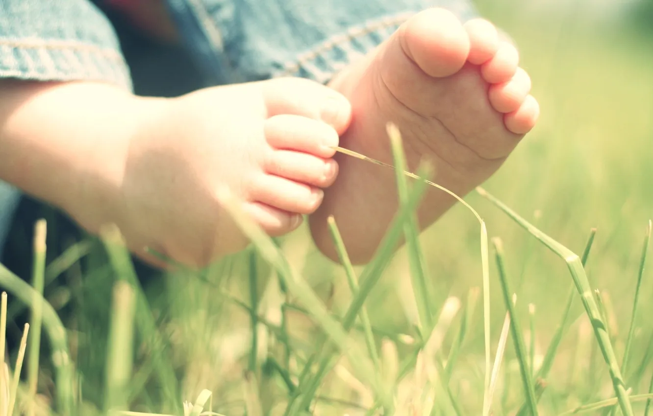 Фото обои трава, листья, природа, дети, настроения, ребенок, малыш, нога
