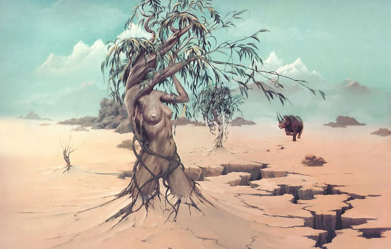 Фото обои дерево, женщина, носорог, Сюрреализм, John Pitre