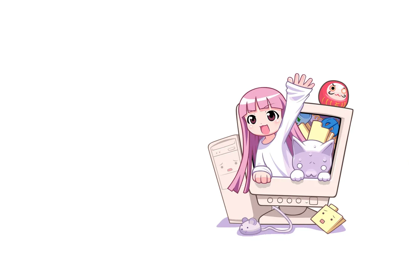 Фото обои компьютер, девочка, белый фон, розовые волосы, приветствие, белый кот, руки вверх, мышка компьютерная