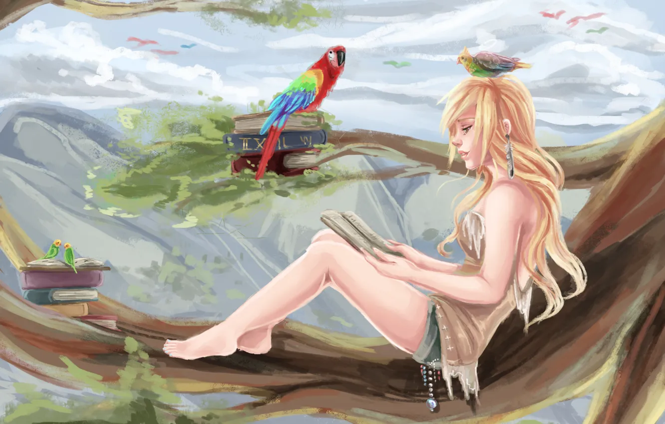 Фото обои девушка, птицы, дерево, листва, книги, ветка, попугай