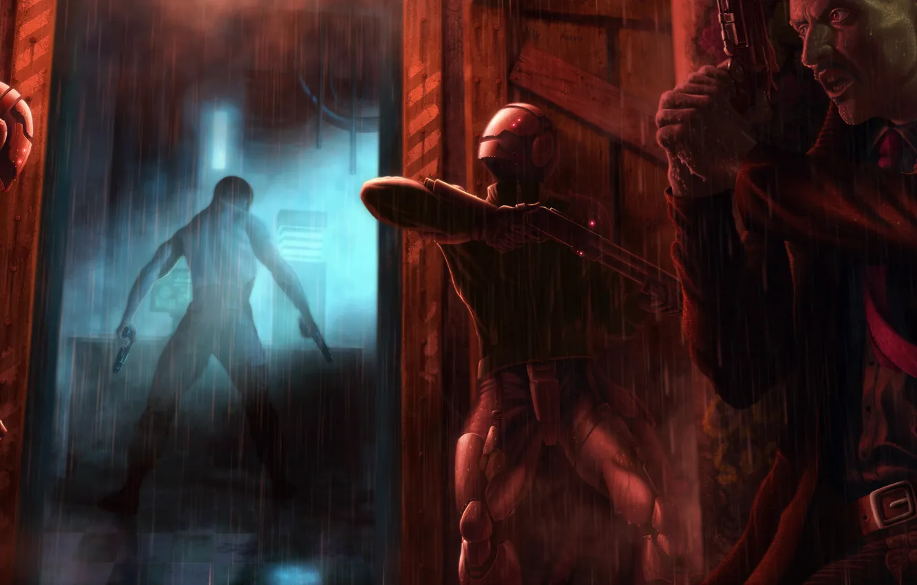 Фото обои оружие, дождь, арт, мужчина, броня, враги