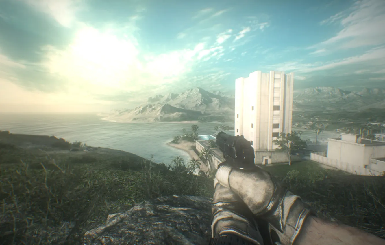 Фото обои море, небо, пейзаж, здания, battlefield3
