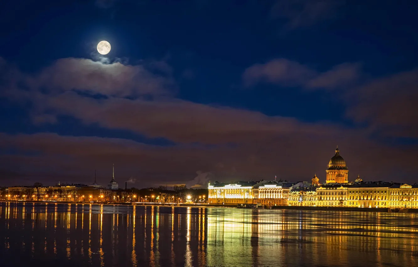Фото обои ночь, река, луна, Russia, набережная, питер, санкт-петербург, St. Petersburg