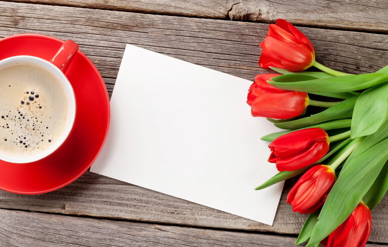 Фото обои любовь, цветы, кофе, букет, чашка, сердечки, тюльпаны, red