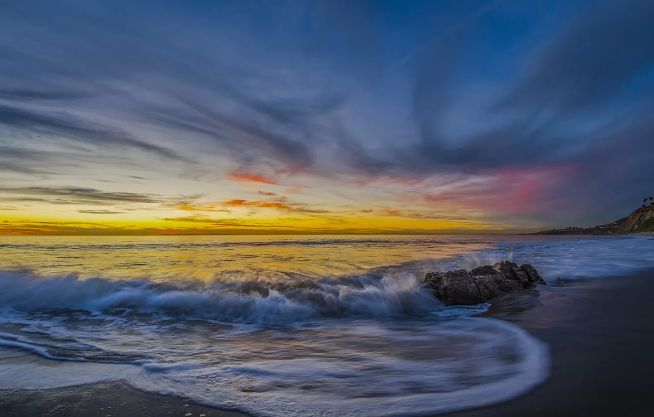 Фото обои пляж, закат, океан, побережье, Калифорния, Pacific Ocean, California, Тихий океан