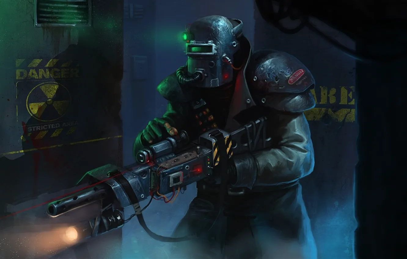 Фото обои lights, dark, gun, soldier, armor, fear, mystery, modified welding helmet