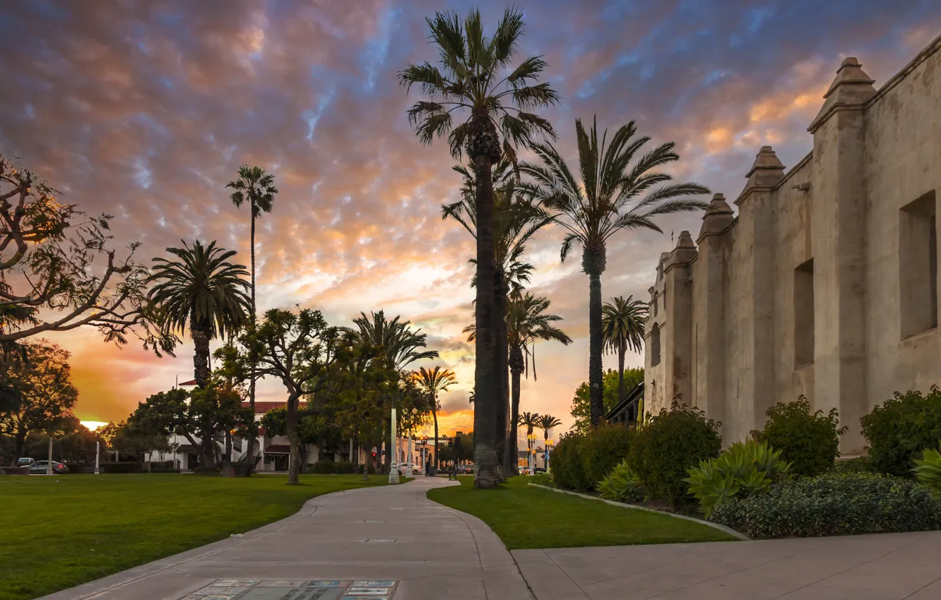 Фото обои город, пальмы, дорожки, вечер, Калифорния, церковь, США, Сан-Гейбриел