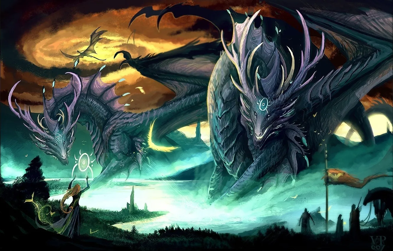 Фото обои девушка, озеро, магия, драконы, арт, гигантские