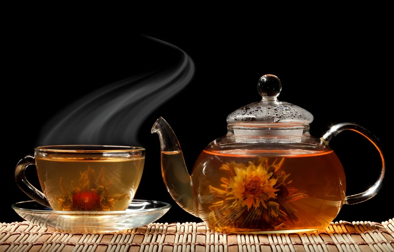 Фото обои цветок, чай, чайник, чашка, черный фон, блюдце