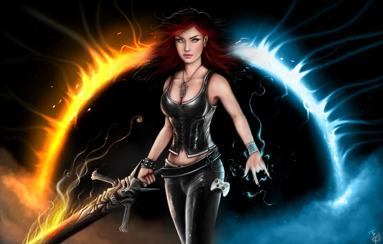 Фото обои пламя, магия, Девушка, меч, джойстик