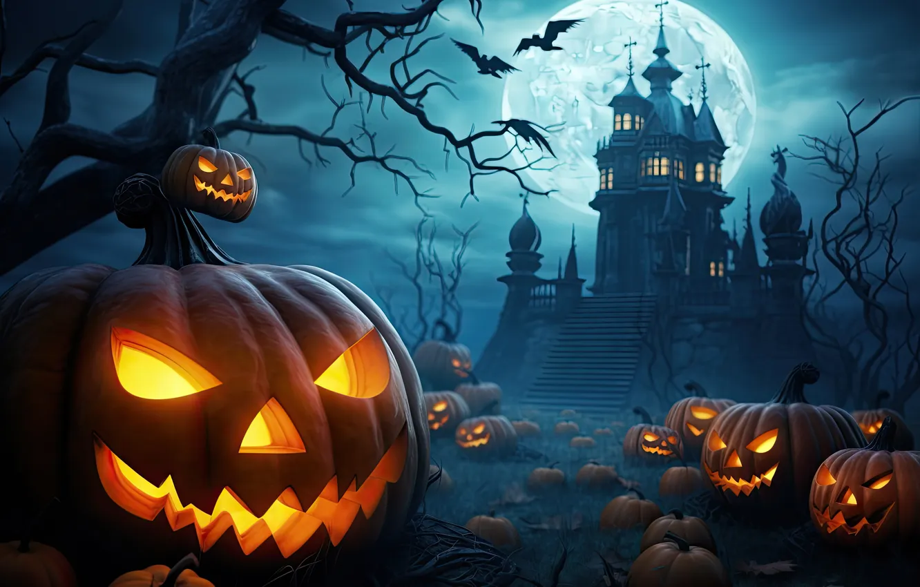 Фото обои Ночь, Деревья, Луна, Дом, Птицы, Тыквы, Halloween, Хэллоуин