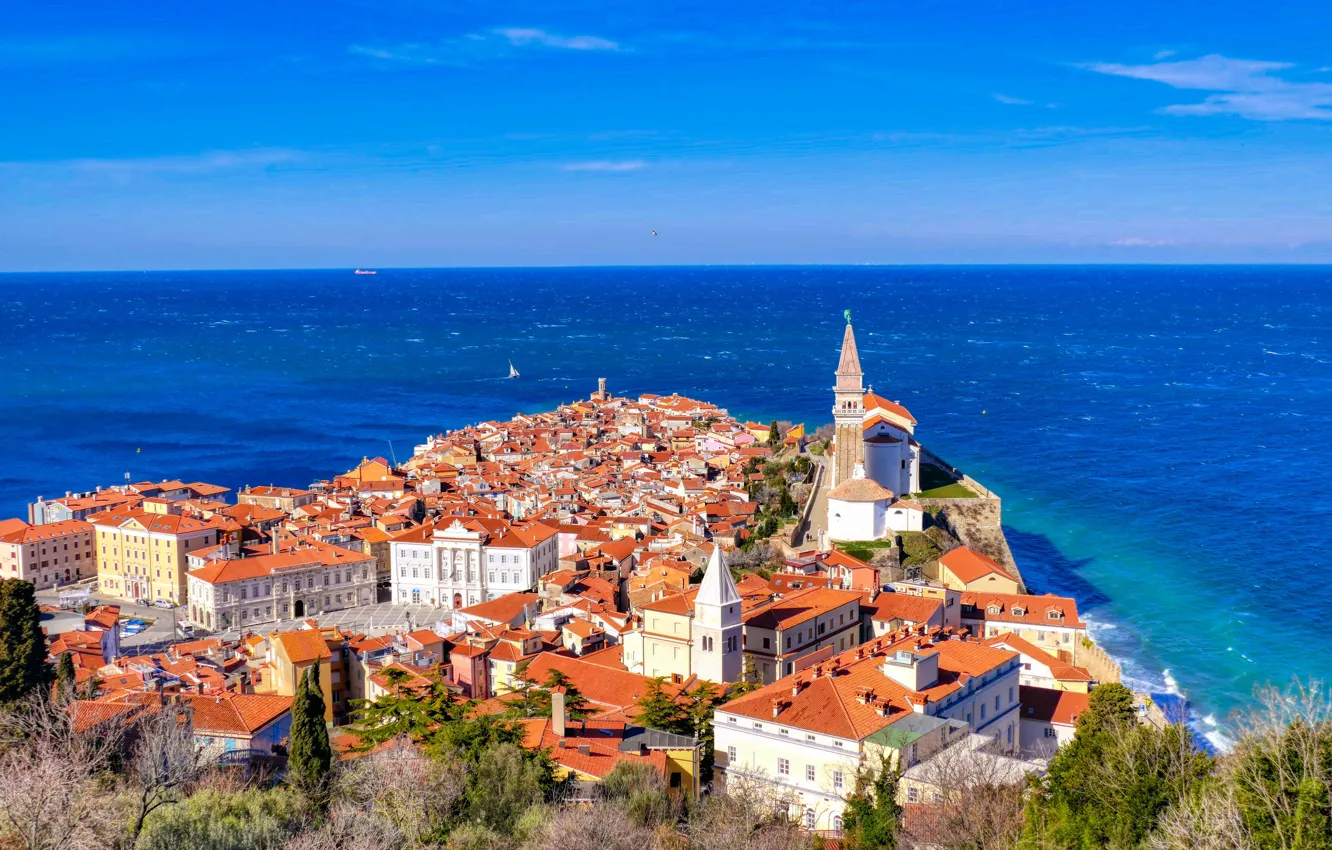 Фото обои море, здания, дома, панорама, Пиран, Словения, Slovenia, Адриатическое море